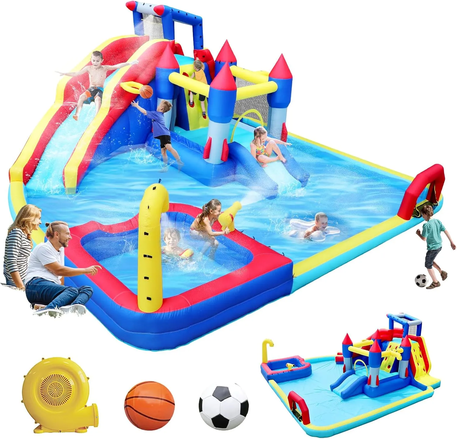 10-in-1 Inflatable Water Park & Bouncing House with Dual Pools, Climbing Wall, Basketball Hoop, Multicolor