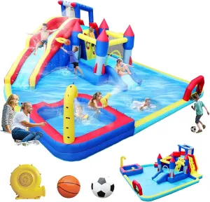 10-in-1 Inflatable Water Park & Bouncing House with Dual Pools, Climbing Wall, Basketball Hoop, Multicolor