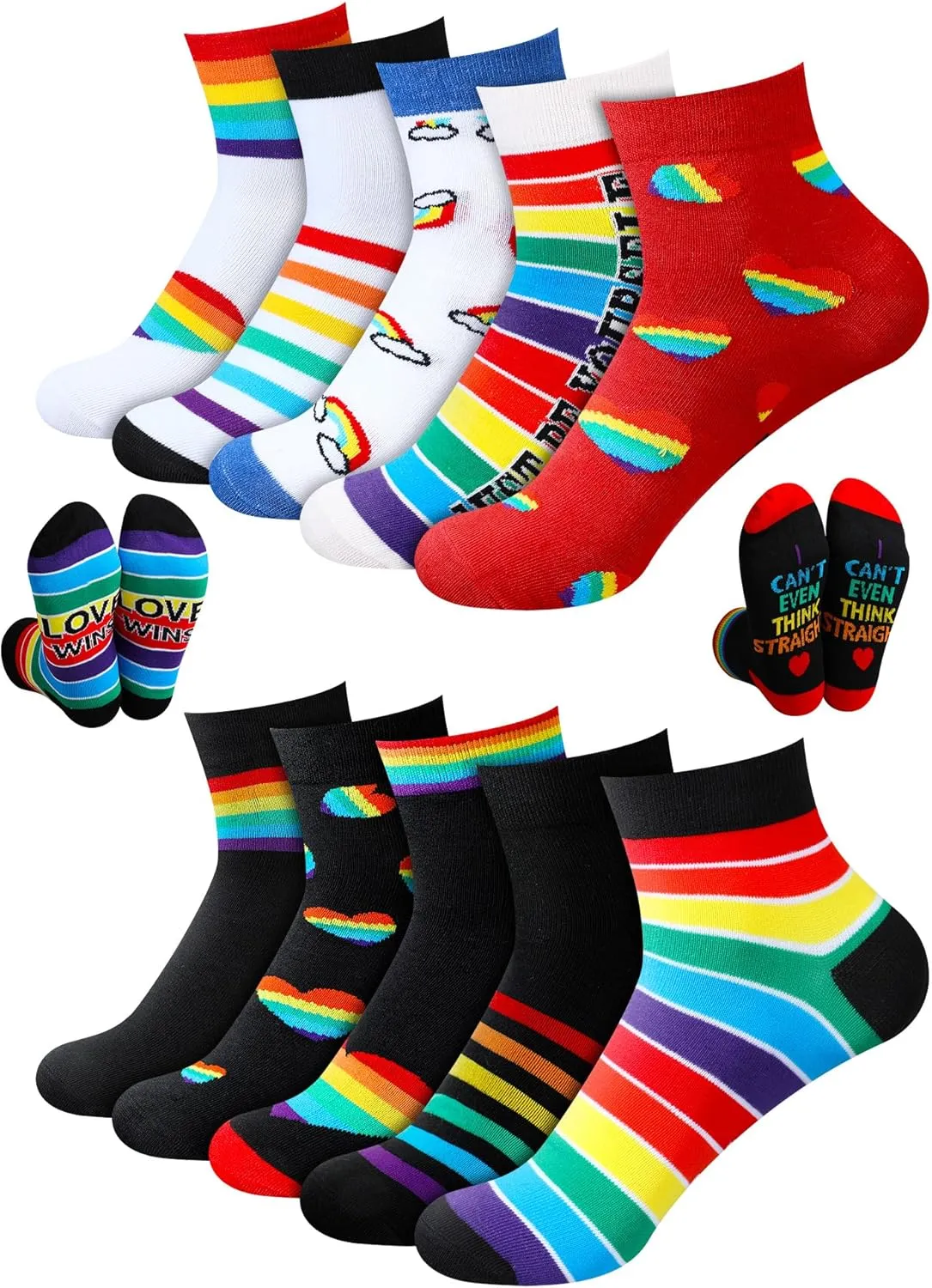 10 Pairs Rainbow Gay Pride Novelty Socks Unisex Striped Cotton Ankle Lesbian Gift Fun Dress Sock for Men Women LGBT Gay