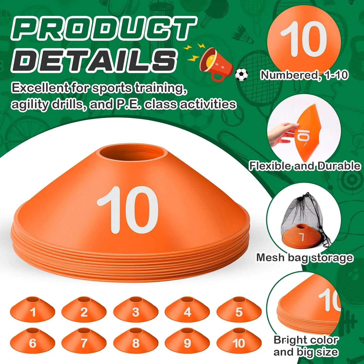 10 Pcs Numbered Sports Disc Cones 1-10 Soccer Cones with Mesh Carry Bag Flexible Agility Cones Soft Field Cones for Gym PE Classes School Activities Games, Sports Training Equipment