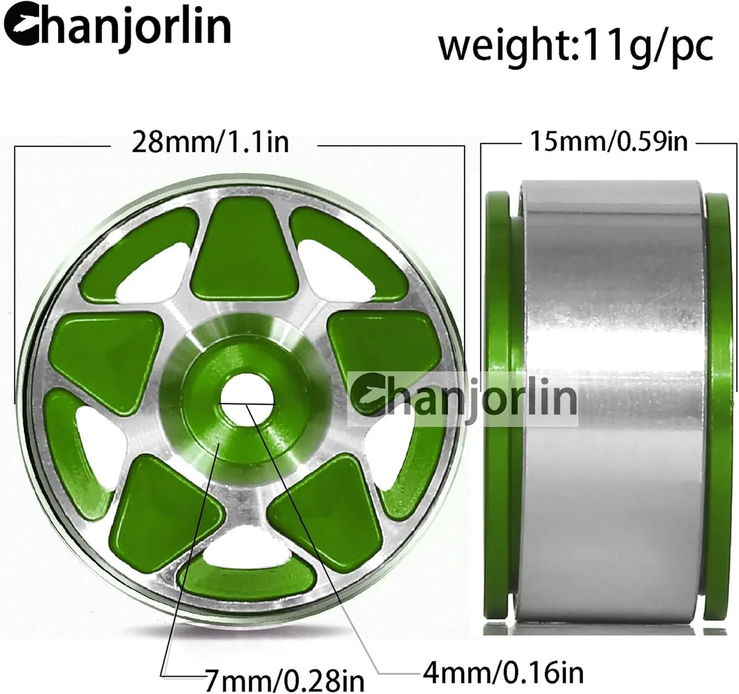 1.0 RC Beadlock Wheels Rims 12mm Hex 1/24 1/18 Aluminum Alloy Mud Slingers Hubs for 1:24 1:18 Rock Crawler Car Axial SCX24 FMS AX24 FCX18 FCX24 TRX4M 1.0" Tires 4PCS (Green)