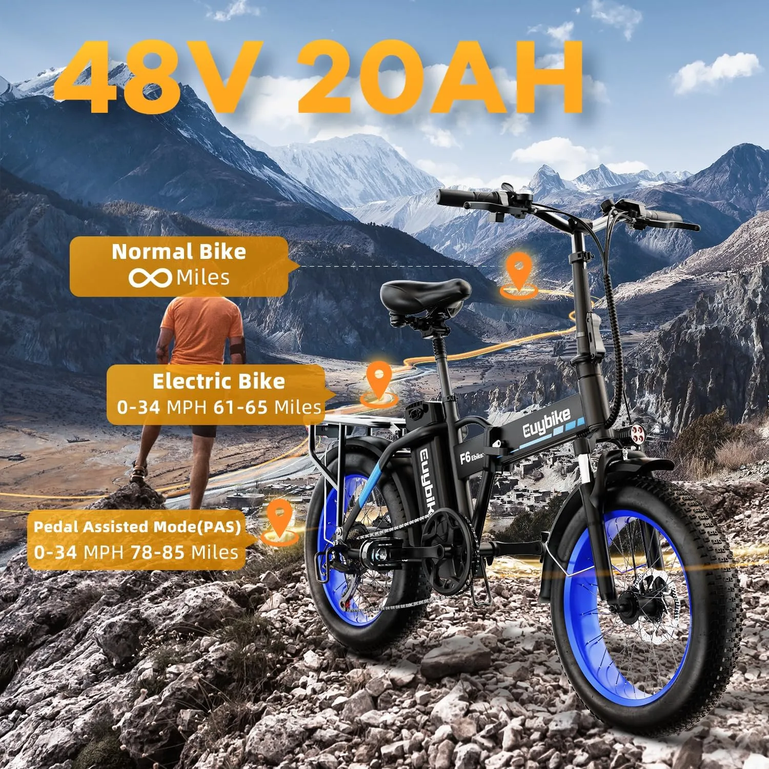 1000W Folding Electric Bike, 48V 20AH Large Removable Battery E Bike, 30 MPH, 80 Miles Max Range, 20" Fat Tire Electric Bike for Adults, Adult Electric Bicycles for Commute Beach Snow