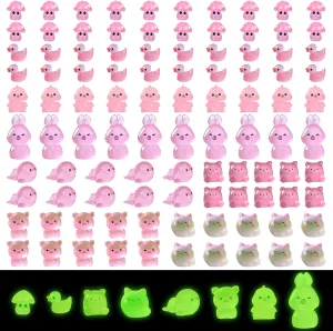 100pcs Pink Luminous Mini Resin Animals Mini Ducks Bears Rabbits Chickens Tiny Cats Pigs Glow in The Dark for DIY Garden Accessories Micro Landscape Aquarium Dollhouse Decor（Pink Style）