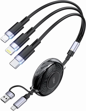 100W 5-in-1 Retractable Charging Cable, Type C/Lightning/Micro USB Multi Charger Cord for iPhones, iPads, MacBook, Tablets, Galaxy, Note & More - 4Ft/1.2M 5A Fast Charging, Durable & Portable, Black