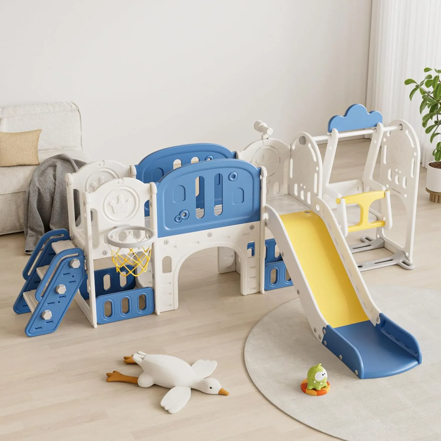 11 in 1 Toddler Outdoor Playset, Toddler Slide and Swing Set, Kid Slide Toddlers Playground Swing Set for Backyard with Basketball Hoop, Football Gate, Climbing, Extra Long Aisle (Colorful)