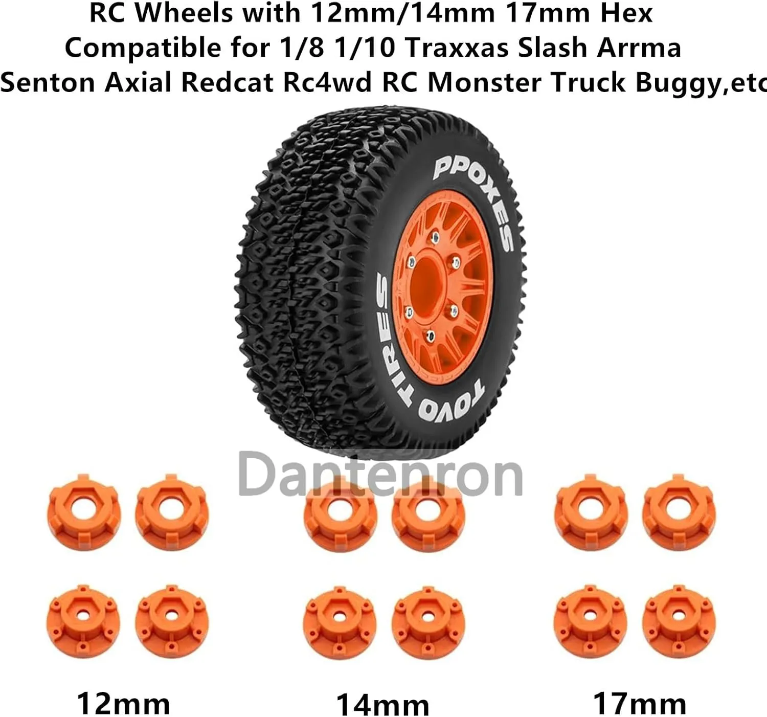 1/10 1/8 Truck Wheels and Tires 12mm 14mm 17mm Hex OD 4.41" RC Short Course Tires for 1:8 1:10 Off Road Truck Car Traxxas Slash 2WD 4×4 Rc4wd Arrma Senton Axial Losi Redcat 4PCS (Orange)
