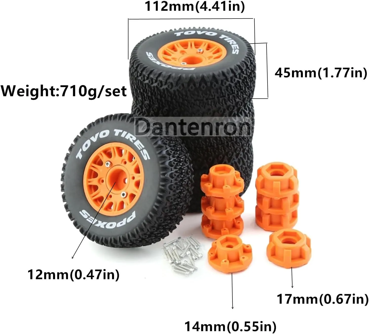 1/10 1/8 Truck Wheels and Tires 12mm 14mm 17mm Hex OD 4.41" RC Short Course Tires for 1:8 1:10 Off Road Truck Car Traxxas Slash 2WD 4×4 Rc4wd Arrma Senton Axial Losi Redcat 4PCS (Orange)