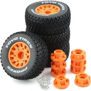 1/10 1/8 Truck Wheels and Tires 12mm 14mm 17mm Hex OD 4.41" RC Short Course Tires for 1:8 1:10 Off Road Truck Car Traxxas Slash 2WD 4×4 Rc4wd Arrma Senton Axial Losi Redcat 4PCS (Orange)