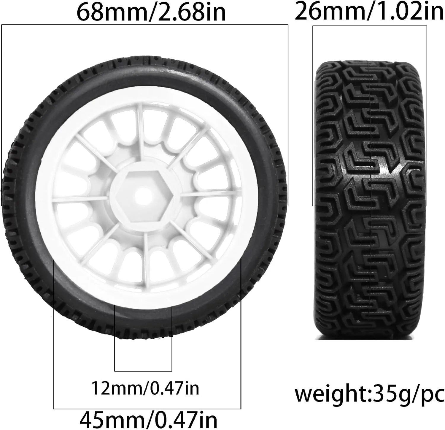 1/10 On-Road Racing Tires,68mm OD RC Rubber Wheels Tires Set 12mm Hex Fit for Traxxas HSP Tamiya TT01 TT02 HPI Kyosho HSP 1/10 On-Road Touring Car (White 2)