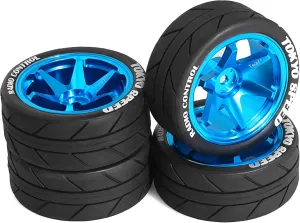 1/10 On Road Tires and Aluminum Wheels 12mm Hex RC Rally Racing Tyres OD 2.56" for Tamiya TT01 TT02 XV01 TA06 A959 PTG2 HPI KYOSHO PTG2 Traxxas 1:10 Street Touring Drift Car 4PCS (Blue)