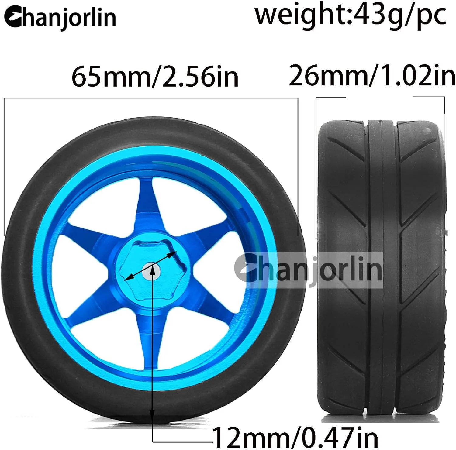 1/10 On Road Tires and Aluminum Wheels 12mm Hex RC Rally Racing Tyres OD 2.56" for Tamiya TT01 TT02 XV01 TA06 A959 PTG2 HPI KYOSHO PTG2 Traxxas 1:10 Street Touring Drift Car 4PCS (Blue)