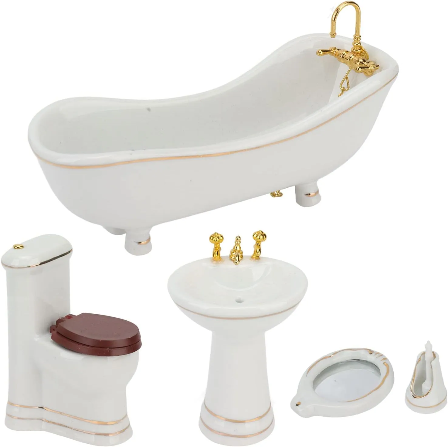 1:12 Dollhouse Bathroom Set, White Retro Ceramic Miniature Furniture Toys, Bathtub Toilet Basin Mirror Brush Set