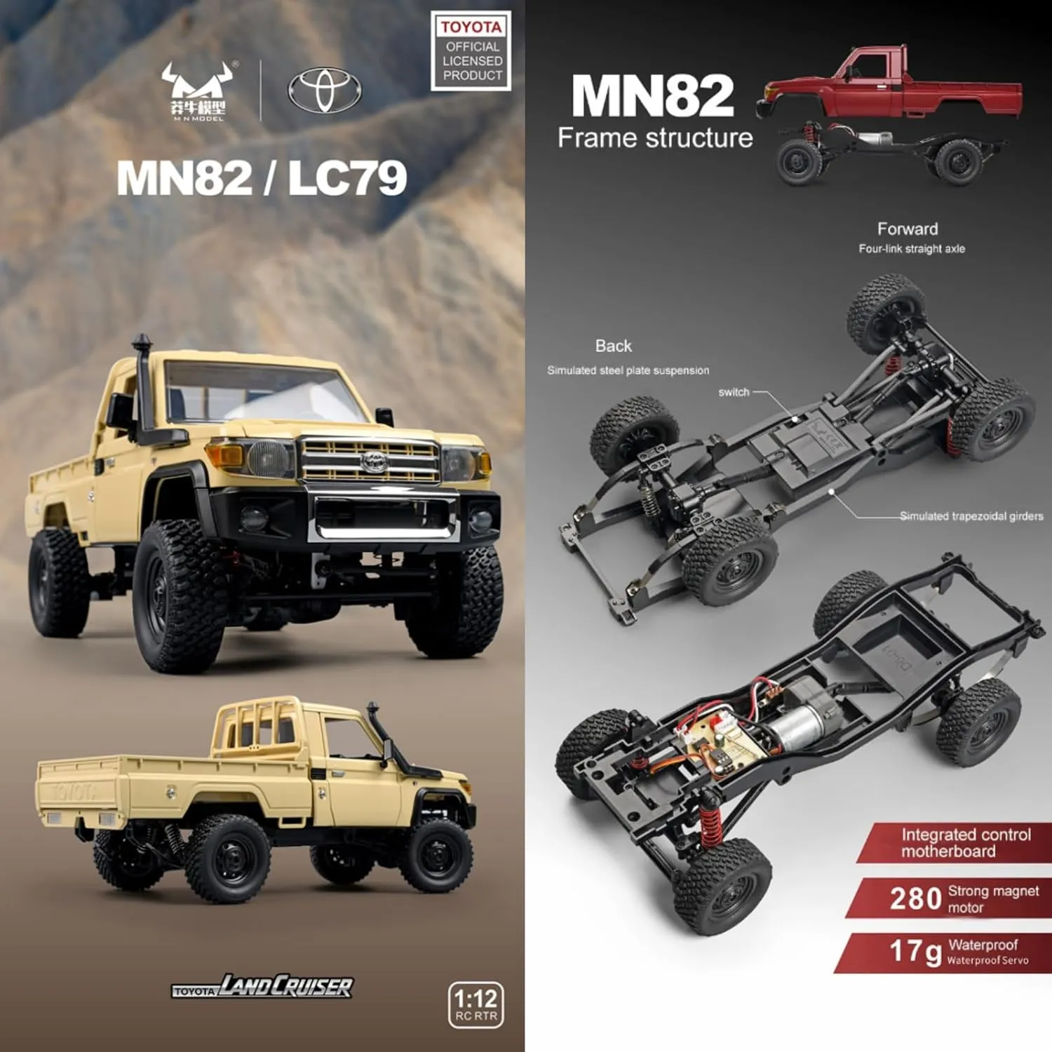 1:12 Scale Trucks MN82 RC Rock Crawler, 2.4Ghz Toyota Remote Control Truck, 4WD 2 Speeds Switch RC Crawler Off-Road Pick-up Equipped with 2 Rechargeable Batteries (MN82-Yellow)