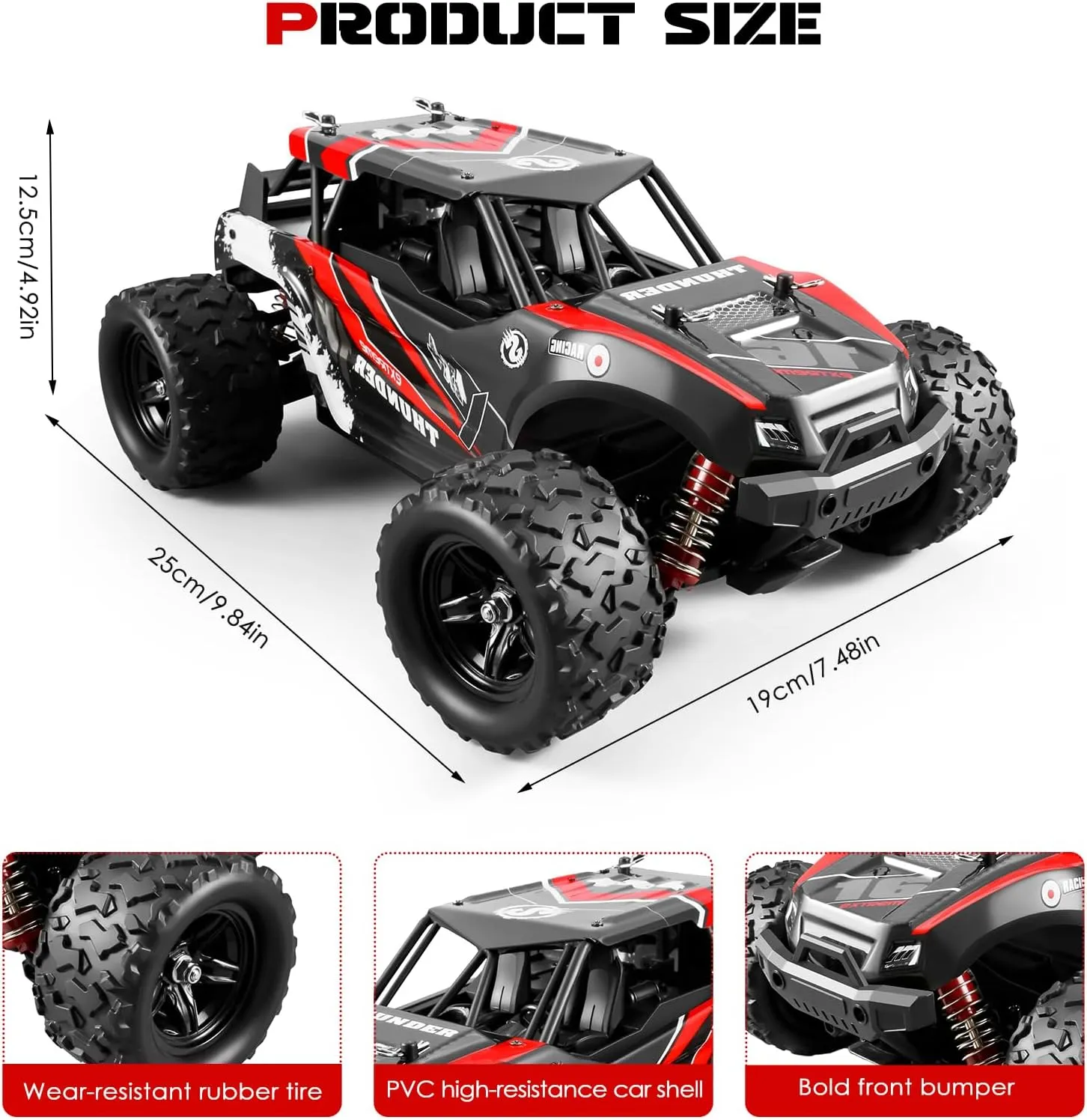 1:18 Scale RC Cars, 36 KM/H High Speed, 2.4 GHz Remote Control and 2 Rechargeable Batteries，4 Shock Absorbers, for Xmas (Red)