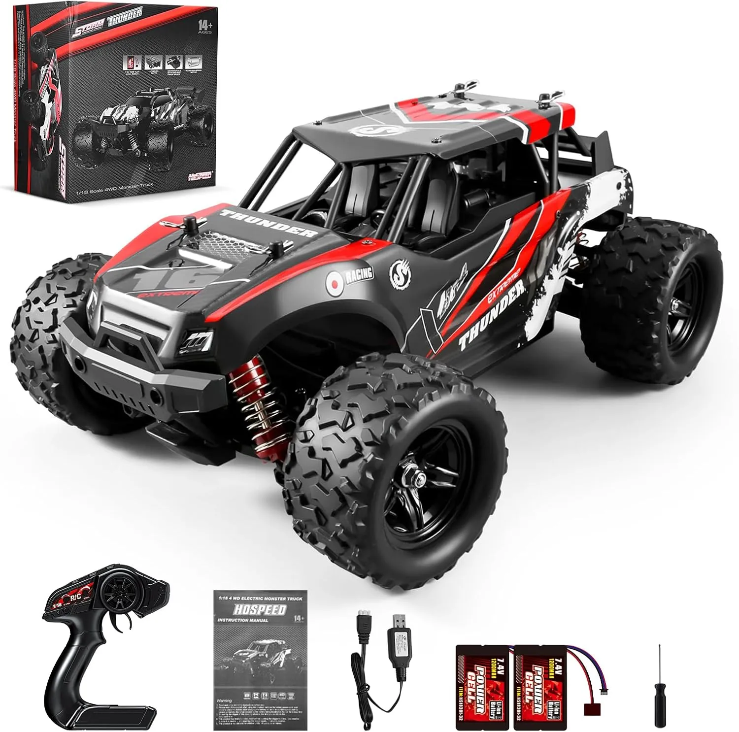 1:18 Scale RC Cars, 36 KM/H High Speed, 2.4 GHz Remote Control and 2 Rechargeable Batteries，4 Shock Absorbers, for Xmas (Red)