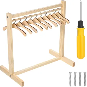 11Pcs Doll Garment Rack with Wooden Clothes Hanger, Mini Wood Hangers for 18 Inch Girl Doll Clothes Wardrobe Furniture Accessories for Dollhouse Baby Shower Supplies
