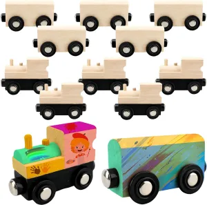 12 Pcs Wooden Trains Toys Unpainted Wood Train Cars Weak Magnetic Suction Paintable Wooden Railway for Kids Educational Toys Birthday Christmas Party Gifts (Style Set 4)