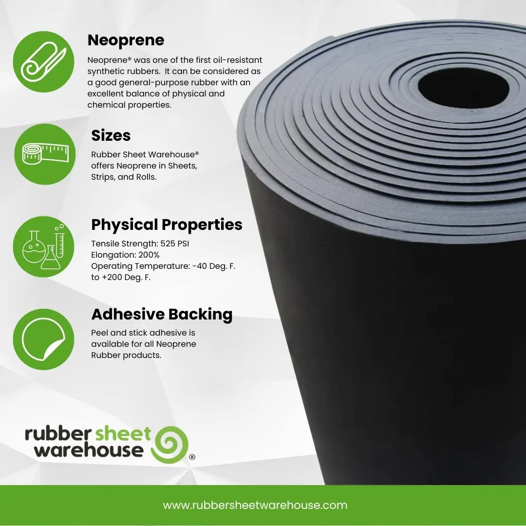 .125" (1/8") Thick x 12" Wide x 36" inchs -Neoprene Rubber Sheet Commercial Grade 65A, Smooth Finish, Solid Rubber, Perfect for Weather Stripping, Gasket, Costume & DIY Projects