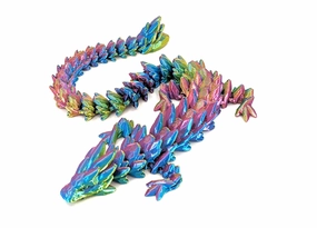 12" Articulated Gem Stone Dragon - New 2024 Ver - Multi Color 3D Printed Plastic Dragon Figure - Rainbow Pearlescent Colors - Interlocked Body Segments and Legs (Medium 12", Pastel Rainbow)