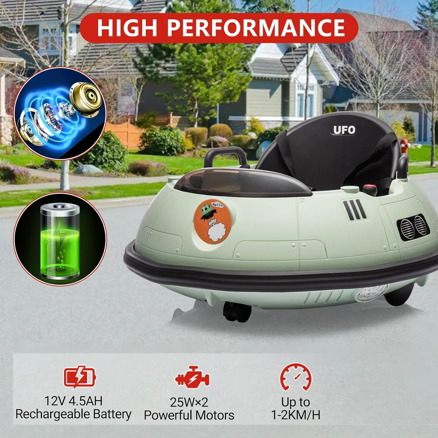 12V Kids Ride On Bumper Car, Electric Bumper Car Ride On Toy for Toddlers with Remote Control, 360 Degree Spin, LED Lights, Safety Belt, Music, Green