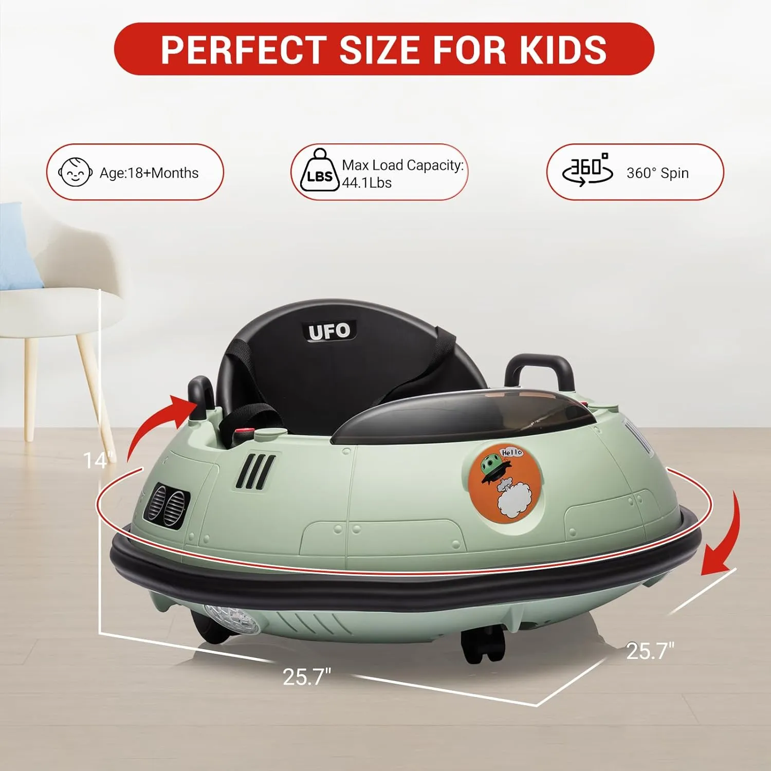 12V Kids Ride On Bumper Car, Electric Bumper Car Ride On Toy for Toddlers with Remote Control, 360 Degree Spin, LED Lights, Safety Belt, Music, Green