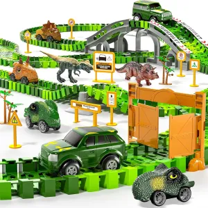 144 Pieces Dinosaur Toys Car Race Tracks Sets for Kids 3 4 5 6 7 8 Years Old - Flexible Tracks Playset with Kids Dinosaur, Electronic Toy Cars for Boys, Birthday Gifts for Toys Toddlers 3-5