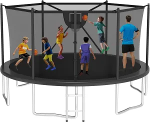 1500LBS Tranpoline Outdoor, 8FT 10FT 12FT 14FT 16FT Large Tranpoline with Basketball Hoop, Enclosure and Ladder, Heavy-Duty Recreational Tranpoline, Capacity for 6-10 Kids and Adults