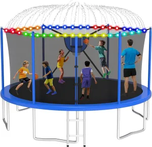 1500LBS Tranpoline Outdoor with Light Sprinkler Socks, 8FT 10FT 12FT 14FT 16FT Large Tranpoline with Basketball Hoop, Heavy-Duty Recreational Tranpoline, Capacity for 6-10 Kids/Adults