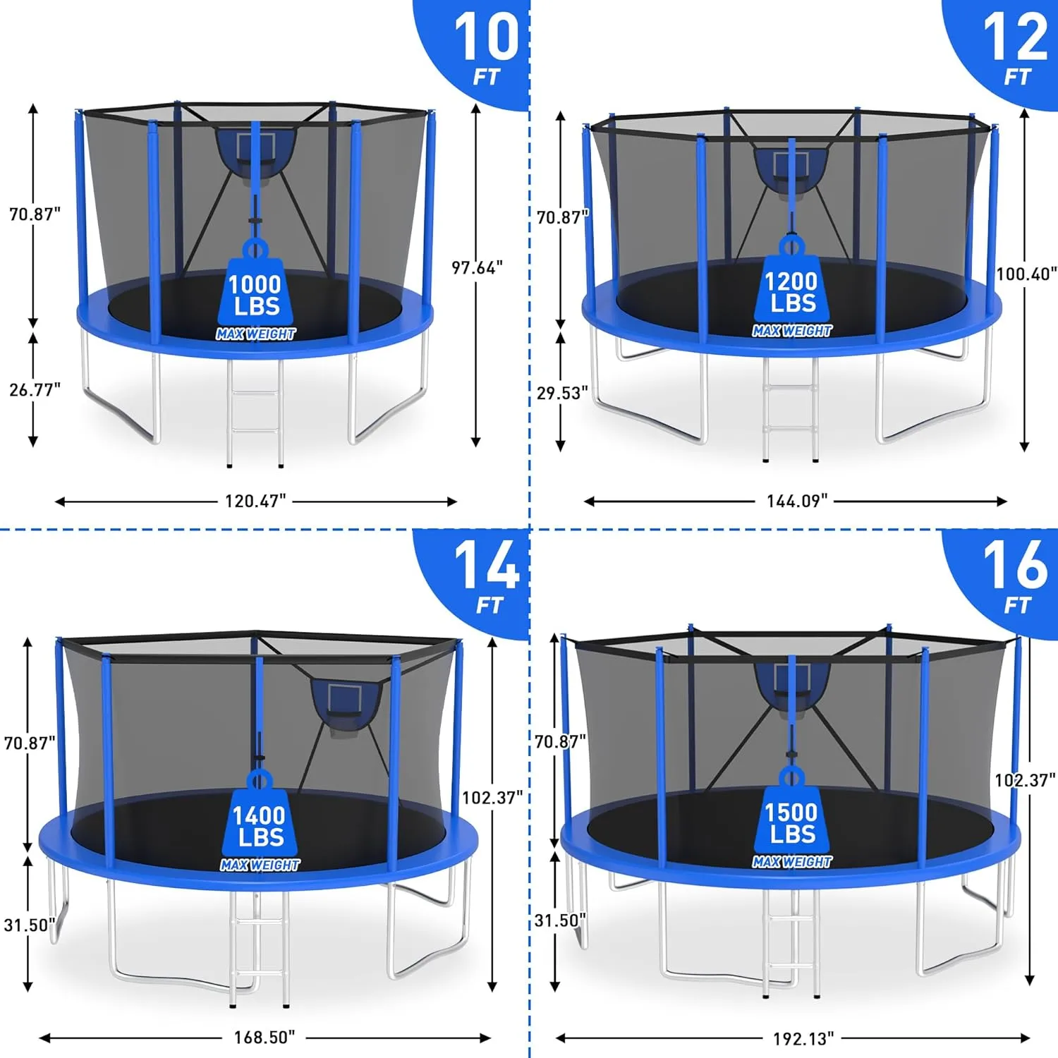 1500LBS Tranpoline Outdoor with Light Sprinkler Socks, 8FT 10FT 12FT 14FT 16FT Large Tranpoline with Basketball Hoop, Heavy-Duty Recreational Tranpoline, Capacity for 6-10 Kids/Adults