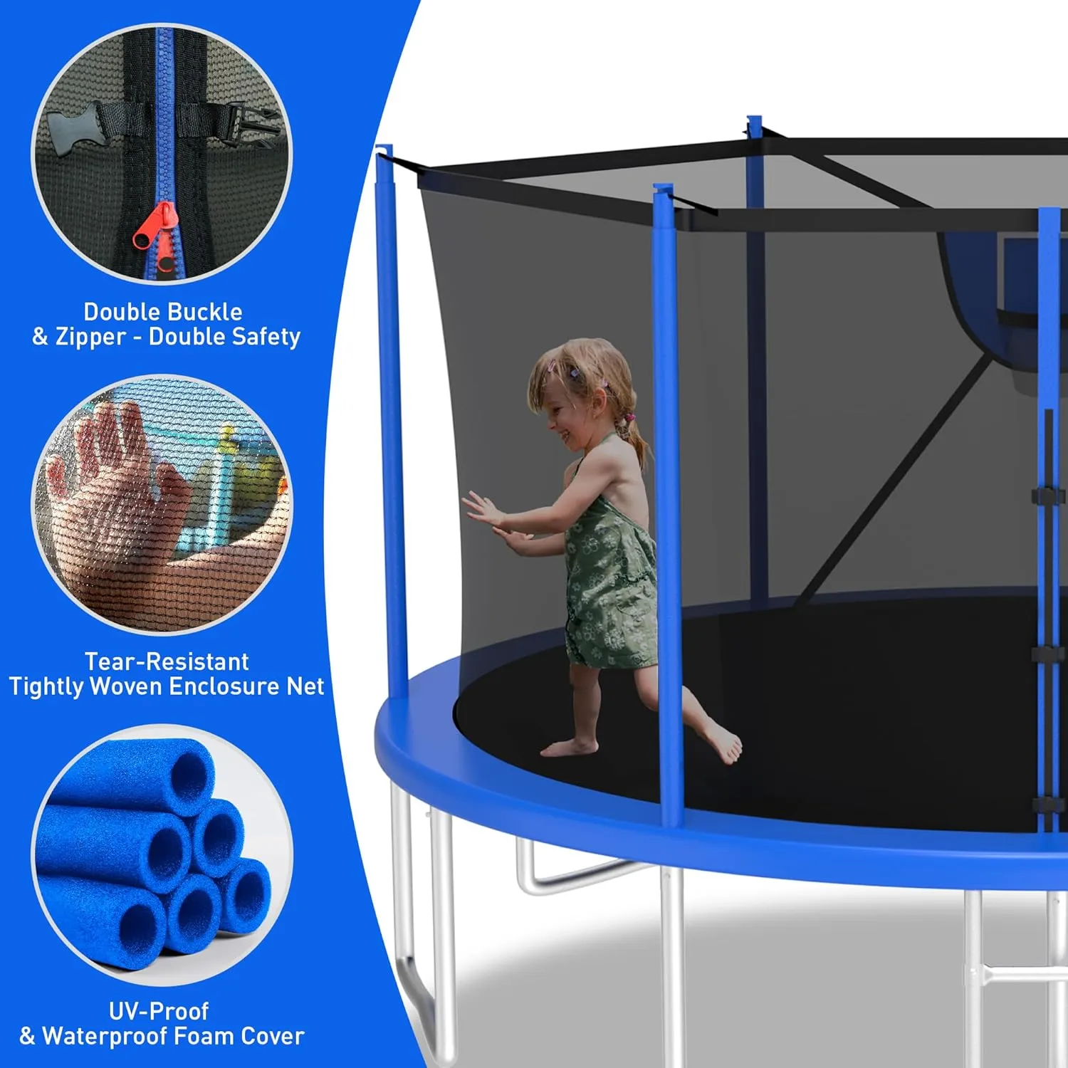 1500LBS Tranpoline Outdoor with Light Sprinkler Socks, 8FT 10FT 12FT 14FT 16FT Large Tranpoline with Basketball Hoop, Heavy-Duty Recreational Tranpoline, Capacity for 6-10 Kids/Adults