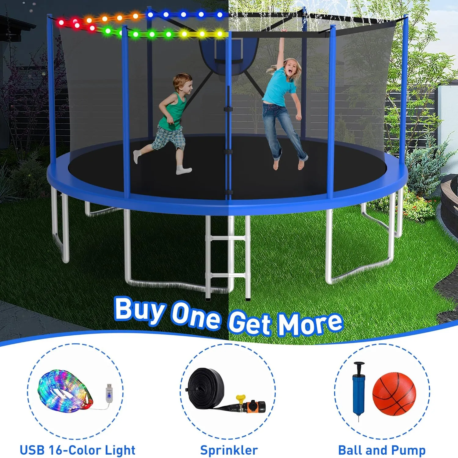1500LBS Tranpoline Outdoor with Light Sprinkler Socks, 8FT 10FT 12FT 14FT 16FT Large Tranpoline with Basketball Hoop, Heavy-Duty Recreational Tranpoline, Capacity for 6-10 Kids/Adults