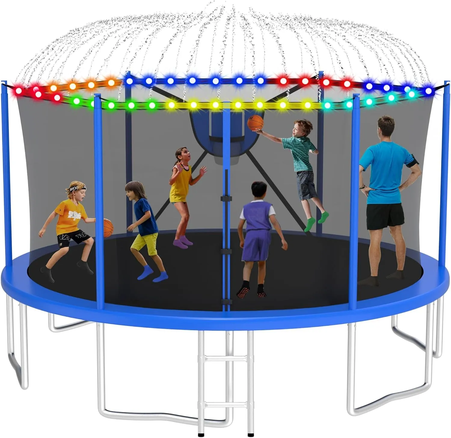 1500LBS Tranpoline Outdoor with Light Sprinkler Socks, 8FT 10FT 12FT 14FT 16FT Large Tranpoline with Basketball Hoop, Heavy-Duty Recreational Tranpoline, Capacity for 6-10 Kids/Adults