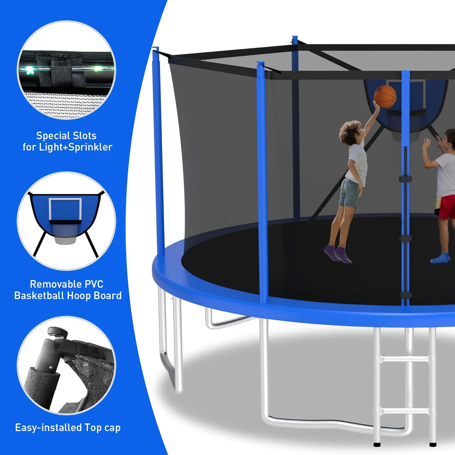 1500LBS Tranpoline Outdoor with Light Sprinkler Socks, 8FT 10FT 12FT 14FT 16FT Large Tranpoline with Basketball Hoop, Heavy-Duty Recreational Tranpoline, Capacity for 6-10 Kids/Adults