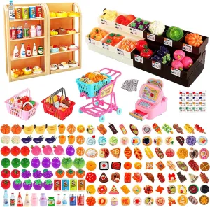 158 Pcs Miniature Dollhouse Grocery Set, Mini Toy Food Drink Vegetable Fruit Supermarket Shopping Cart Basket Cash Register, Dollhouse Furniture Party Model Shelves Play Game for Kids