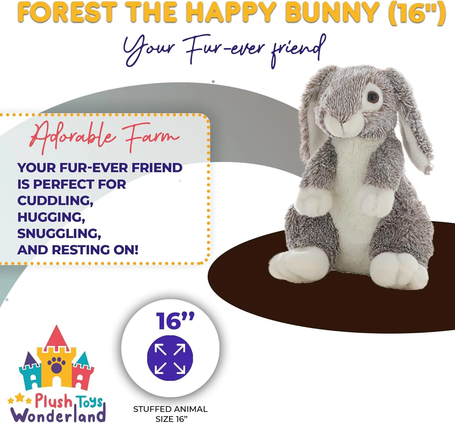 16 Inch Forest The Happy Cheerful Gray and White Bunny - Adorable Rabbit Easter Plush with Plastic Eyes Celebration Perfect Spring Basket Filler & Easter Gift for Kids