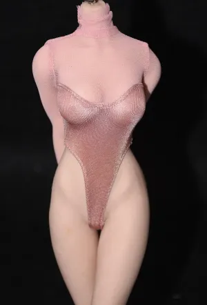 1/6 Scale Figure Doll Clothes Mesh Long Sleeved High Neck Swimsuit Jumpsuit for 12" Female Action Figure, Flexible Seamless Doll Silicone Body Doll(Pink)