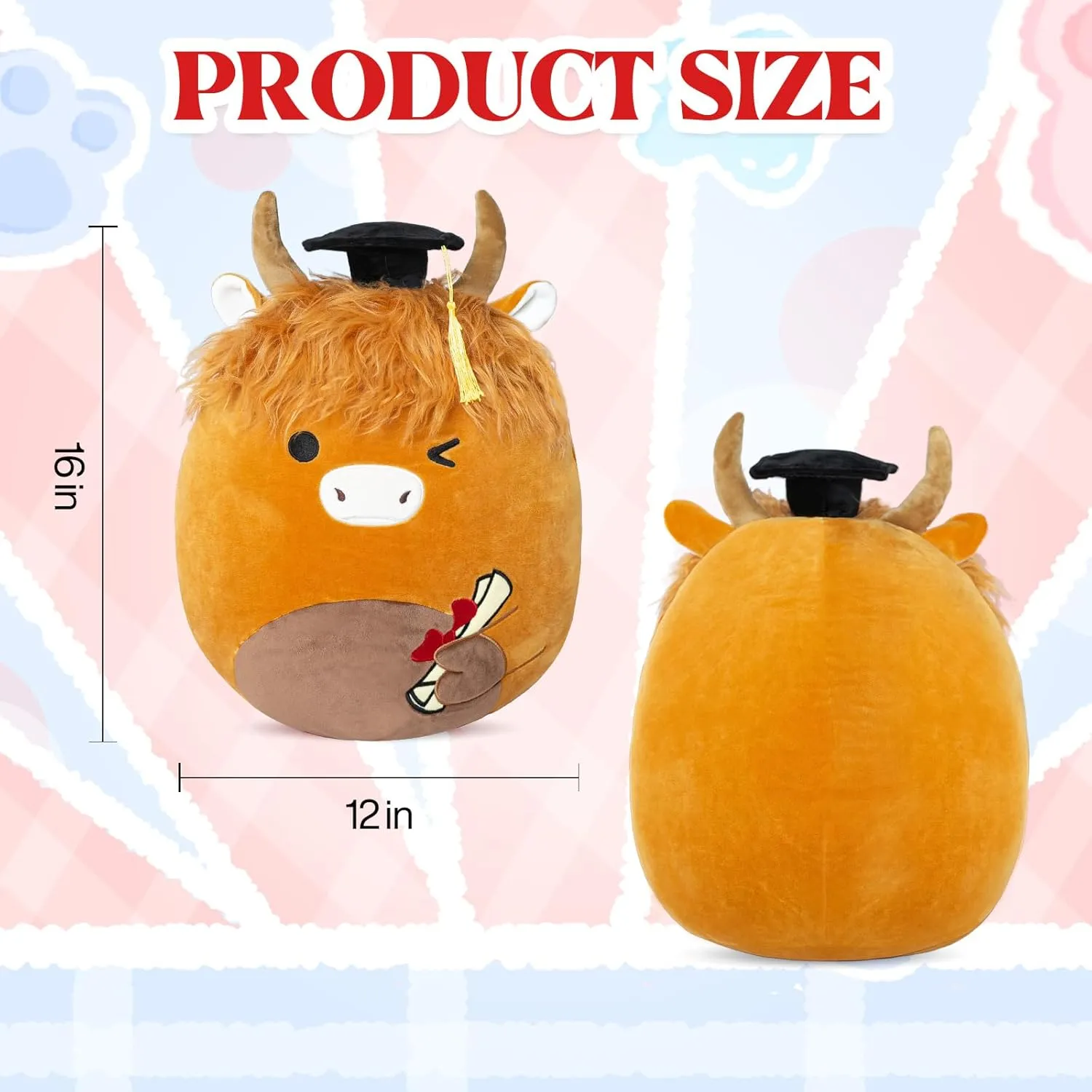 16" Graduation Stuffed Animals - Preschool Kindergarten Graduation Gifts 2025 Cuddly Graduation Plush, Highland Cow with Cap & Diploma