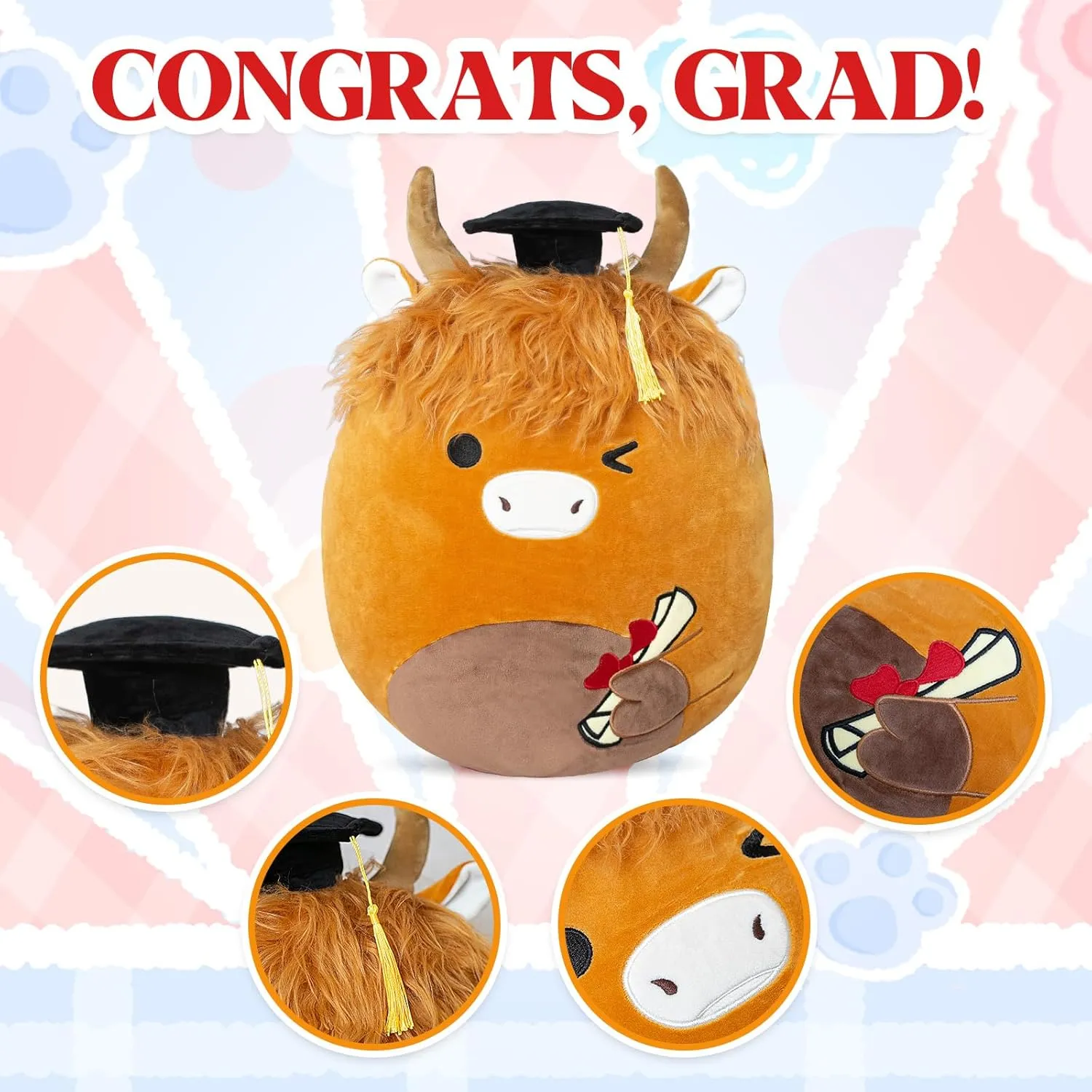16" Graduation Stuffed Animals - Preschool Kindergarten Graduation Gifts 2025 Cuddly Graduation Plush, Highland Cow with Cap & Diploma