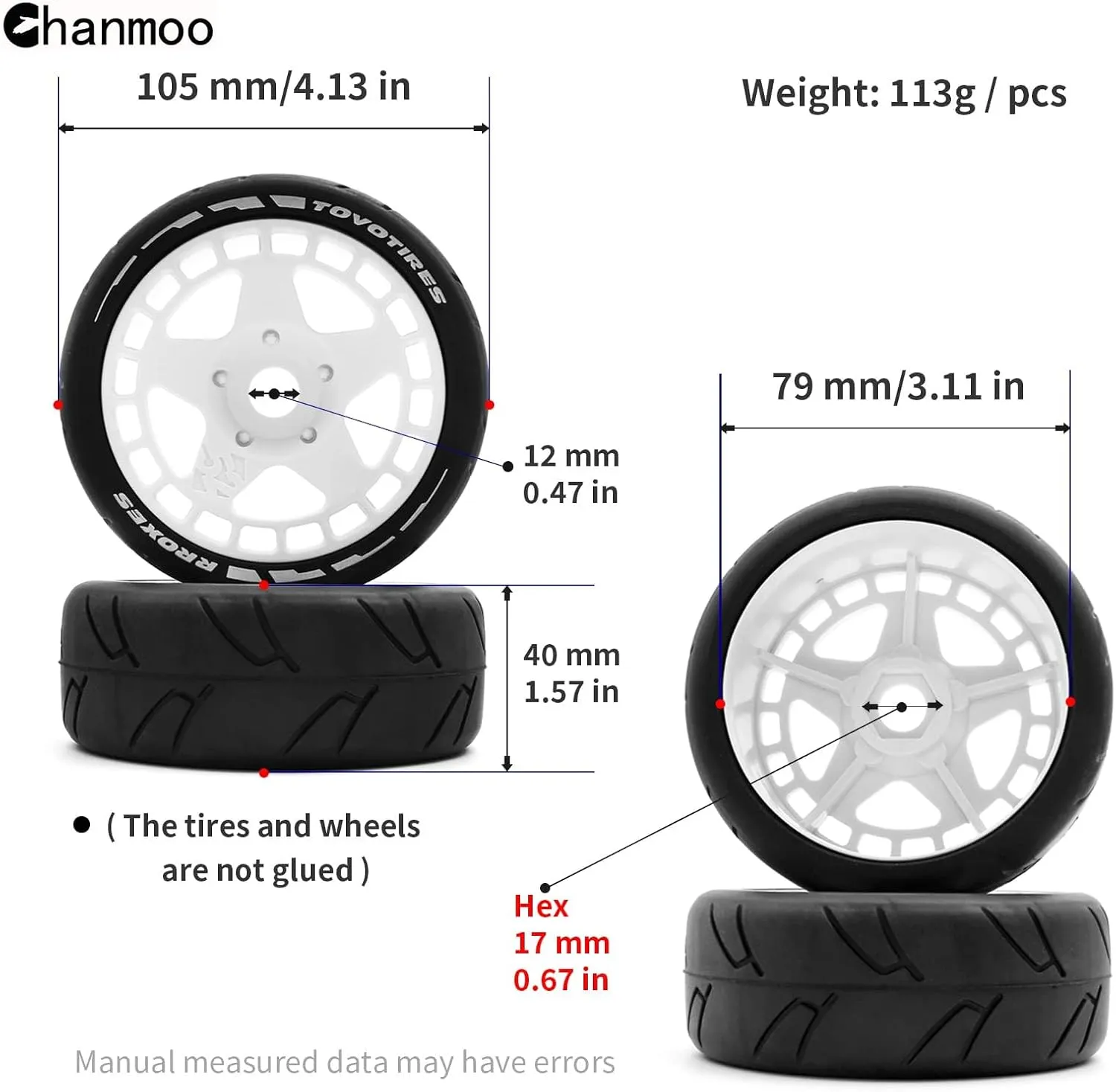 1/8 RC Rally Racing Tires and Hard Plastic Drift Wheels 17mm Hex On Road Tyres Compatible with 1:10 Scale Touring Street Car HSP Hobao HPI WR8 ARRMA Redcat Losi Kyosho VRX Tamiya 4PCS (White)