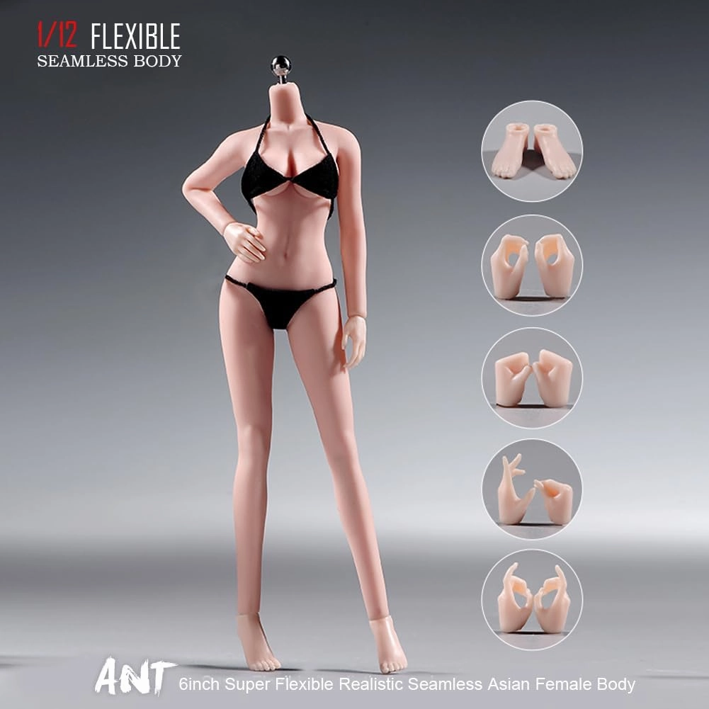 1/12 Scale Female Body, 6 inches Super Flexible Steel Skeleton 22 Joints Seamless Body with Removable Feet Large Breast Model for 6" Miniature Solider Action Figure Hobby Collection (Pale Skin)