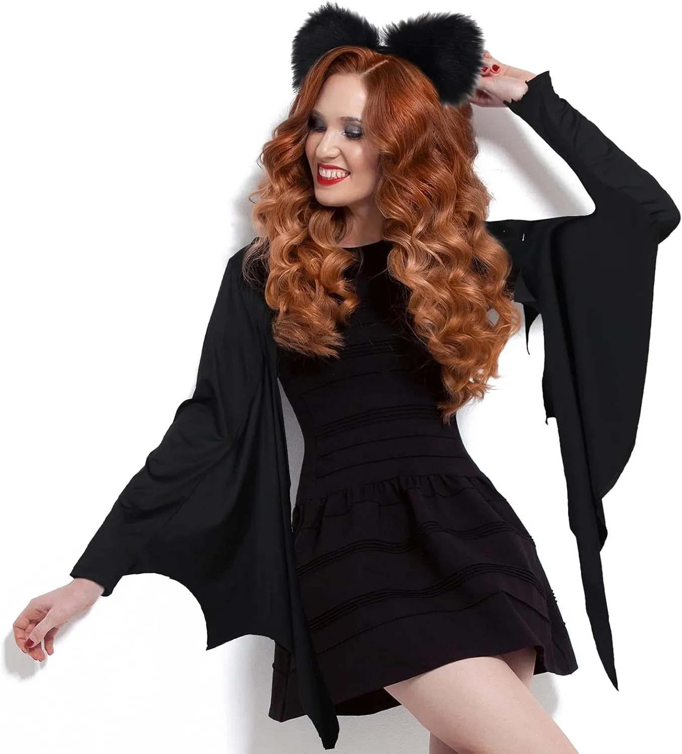 2 Pcs Halloween Bat Costume Accessories - Black Sleeve Wings Shrug and Plush Ear Headband for Dress Up