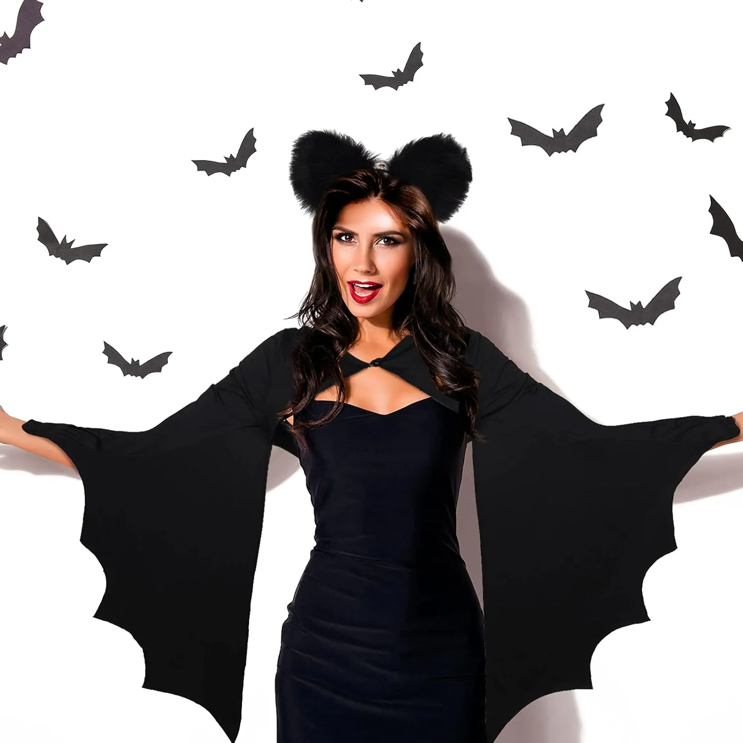 2 Pcs Halloween Bat Costume Accessories - Black Sleeve Wings Shrug and Plush Ear Headband for Dress Up