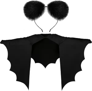 2 Pcs Halloween Bat Costume Accessories - Black Sleeve Wings Shrug and Plush Ear Headband for Dress Up