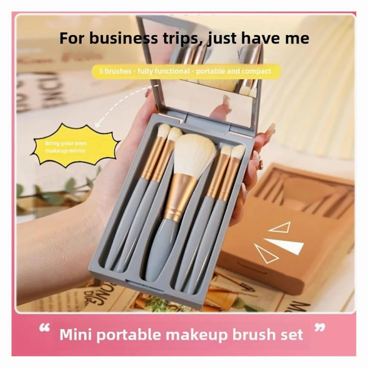 2024 New 5 pieces mirror box with skylight powder brush concealer blush super soft brush boxed mini portable makeup(Light blue)