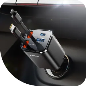 [2025 Ultra-Compact] Retractable Car Charger 4 in 1 [69W Car Charger USB C] for iPhone 16 Fast Charging, Car Accessories, Road Trip Travel Essentials for Women Men for iPhone 15 Pro Max [Black]