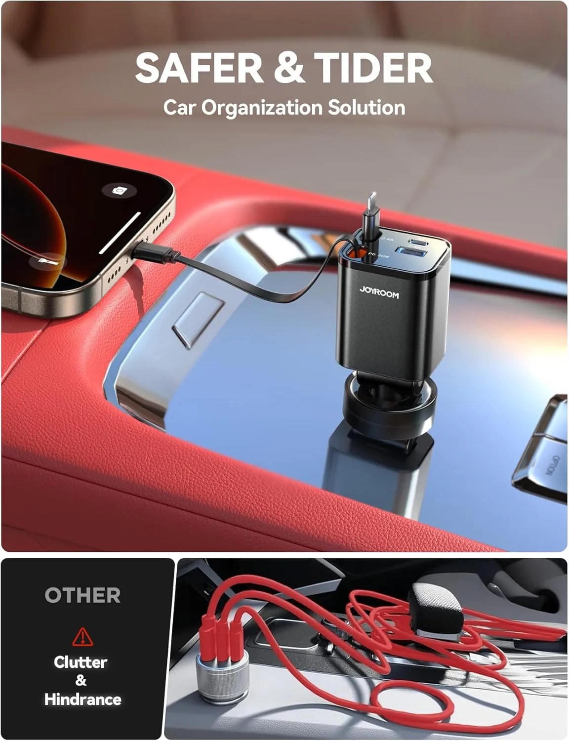 [2025 Ultra-Compact] Retractable Car Charger 4 in 1 [69W Car Charger USB C] for iPhone 16 Fast Charging, Car Accessories, Road Trip Travel Essentials for Women Men for iPhone 15 Pro Max [Black]