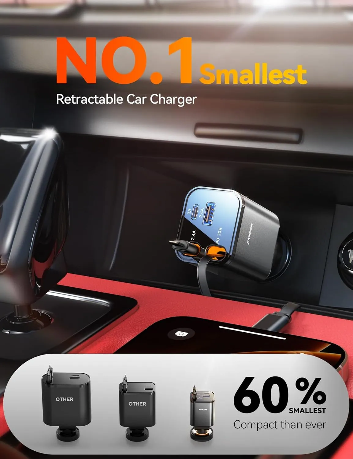 [2025 Ultra-Compact] Retractable Car Charger 4 in 1 [69W Car Charger USB C] for iPhone 16 Fast Charging, Car Accessories, Road Trip Travel Essentials for Women Men for iPhone 15 Pro Max [Black]