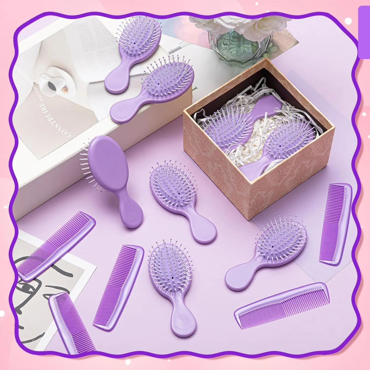 24 Pcs Mini Hair Brush Set 12 Travel Wet Dry Hair Combs Small Pocket Detangling 12 Plastic Combs for Spa Birthday Sleepover Bridal Shower Bachelorette Christmas Party Gift Box(Purple)