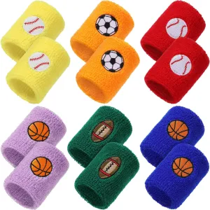 24 Pieces Sports Wristbands for Kids, Colorful Wrist Sweatbands Terry Cloth Wristbands with Soccer Basketball Football Baseball Design for Sports Party Birthday Party Favors, 6 Colors (Sport Color)