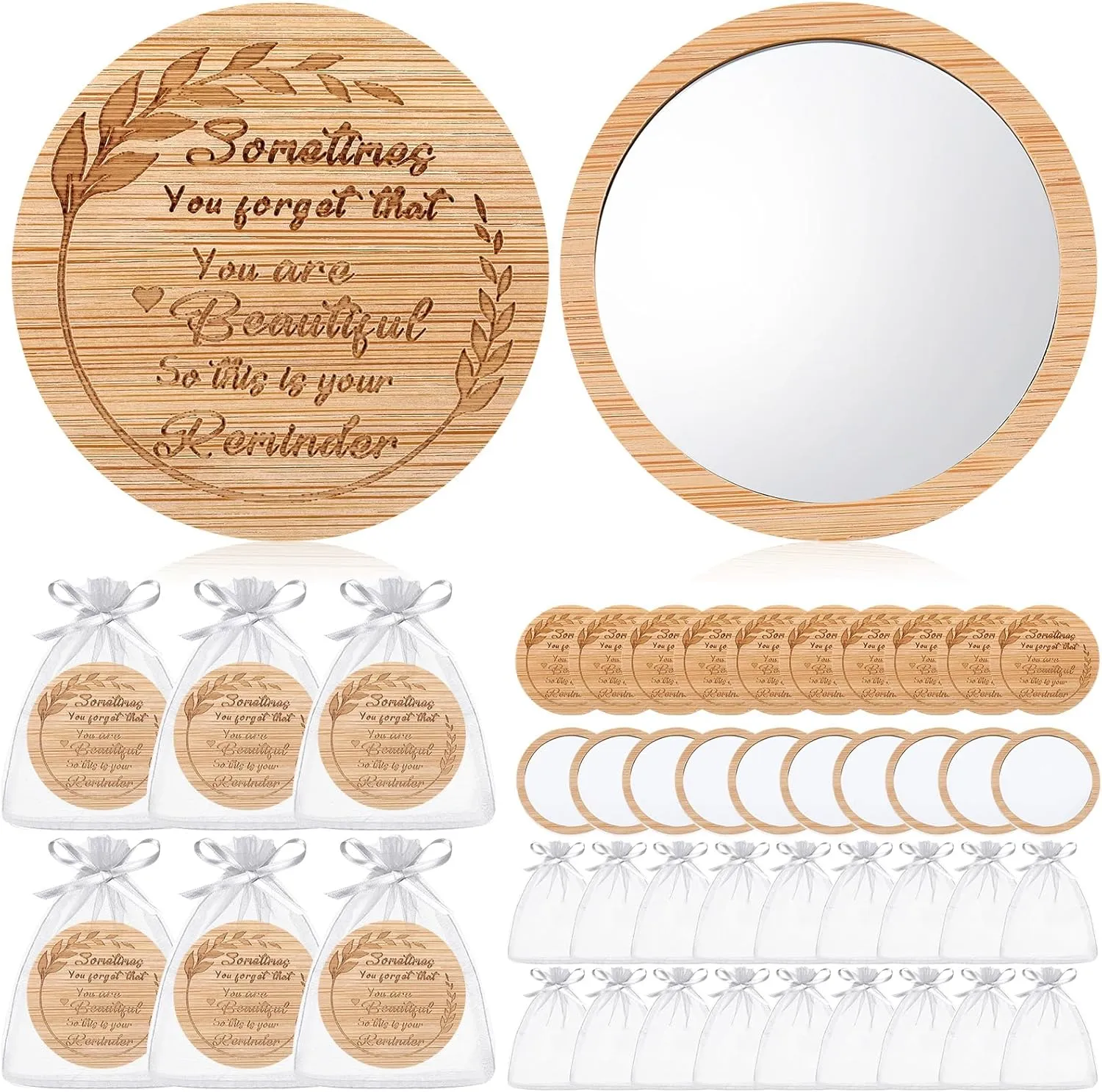 24 Set Small Inspirational Compact Mirror Bulk Wood Pocket Makeup Mirror Gift for Women Wedding Bridal Shower Quinceanera Favor for Guests Bachelorette Souvenir Bridal Party Souvenir Gift